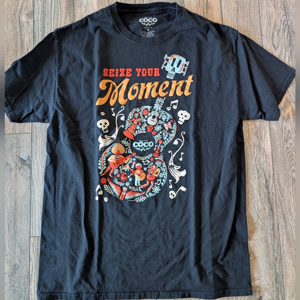 DISNEY Coco Graphic Tee Black with Multicolor Design Seize Your Moment Size Med
